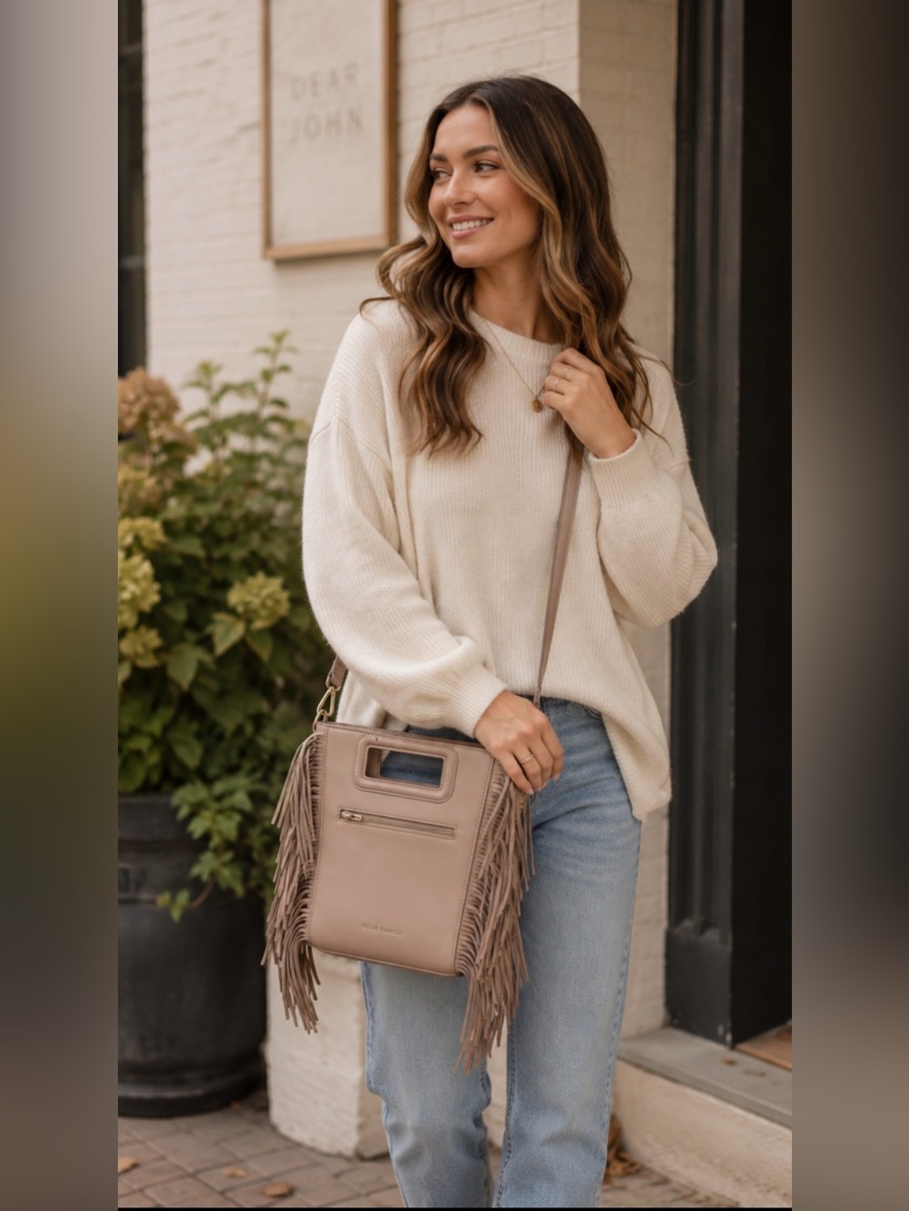 Melie Bianco ⭐️ Taupe Fringe Crossbody Bag Vegan Leather Boho Festival Purse